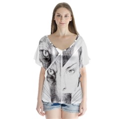 Wolf Girl V-neck Flutter Sleeve Top by Alisyart