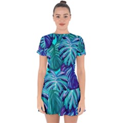 Leaves Tropical Palma Jungle Drop Hem Mini Chiffon Dress