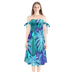 Leaves Tropical Palma Jungle Shoulder Tie Bardot Midi Dress