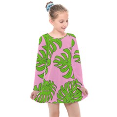 Leaves Tropical Plant Green Garden Kids  Long Sleeve Dress by Alisyart