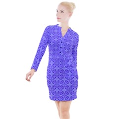 Blue Curved Line Button Long Sleeve Dress