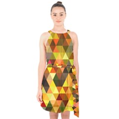 Abstract Geometric Triangles Shapes Halter Collar Waist Tie Chiffon Dress
