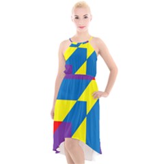 Colorful Red Yellow Blue Purple High-low Halter Chiffon Dress 