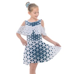 Business Blue Triangular Pattern Kids  Shoulder Cutout Chiffon Dress