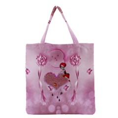 Cute Little Girl With Heart Grocery Tote Bag by FantasyWorld7