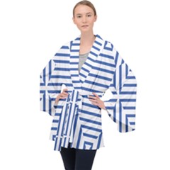 Geometric Shapes Stripes Blue Velvet Kimono Robe