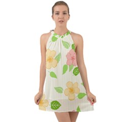 Flowers Leaf Stripe Pattern Halter Tie Back Chiffon Dress