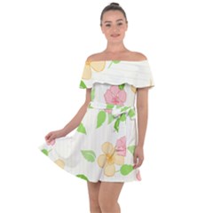 Flowers Leaf Stripe Pattern Off Shoulder Velour Dress