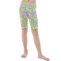 Lily Flowers Green Plant Kids  Mid Length Swim Shorts