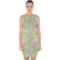 Lily Flowers Green Plant Capsleeve Drawstring Dress 