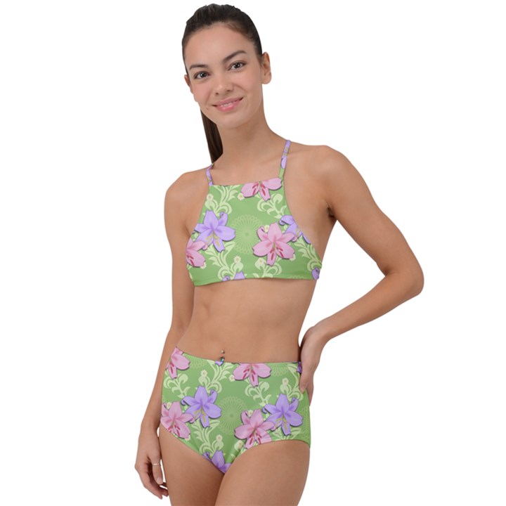 Lily Flowers Green Plant High Waist Tankini Set