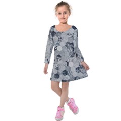 Grayscale Tiles Kids  Long Sleeve Velvet Dress by WensdaiAmbrose