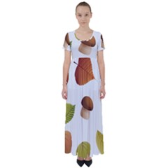 Leaves Mushrooms High Waist Short Sleeve Maxi Dress