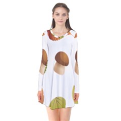 Leaves Mushrooms Long Sleeve V-neck Flare Dress