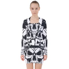 Kerchief Human Skull V-neck Bodycon Long Sleeve Dress by Mariart