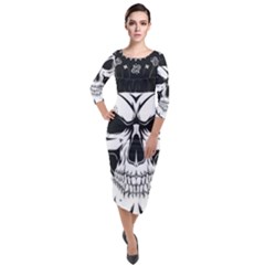 Kerchief Human Skull Quarter Sleeve Midi Velour Bodycon Dress