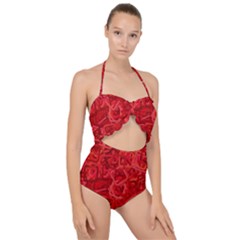 Red Pattern Technology Background Scallop Top Cut Out Swimsuit