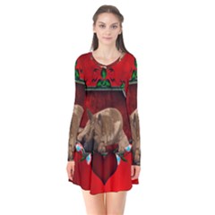 Wonderful German Shepherd With Heart And Flowers Long Sleeve V-neck Flare Dress by FantasyWorld7