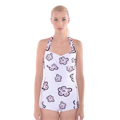 Plum Seamless Flower Boyleg Halter Swimsuit 