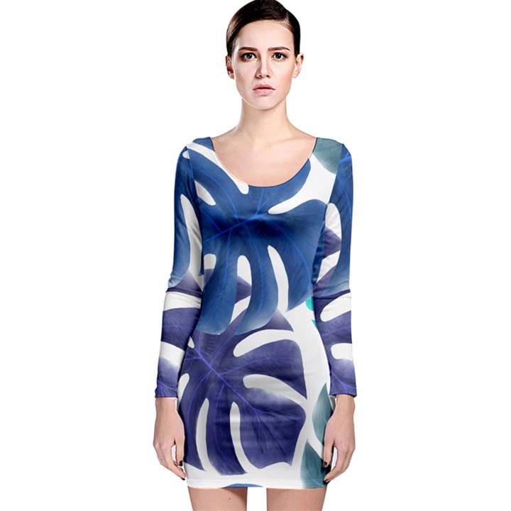 Leaves Tropical Blue Green Nature Long Sleeve Bodycon Dress