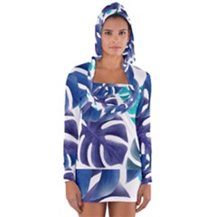 Leaves Tropical Blue Green Nature Long Sleeve Hooded T-shirt