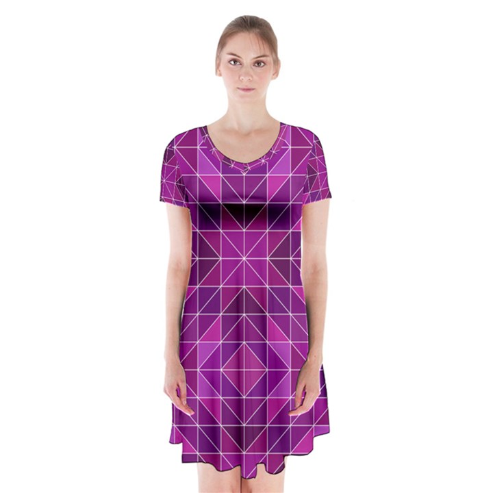 Purple Triangle Pattern Short Sleeve V-neck Flare Dress