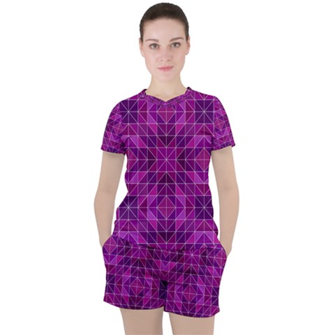 Purple Triangle Pattern Women s Tee And Shorts Set by Alisyart