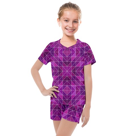 Purple Triangle Pattern Kids  Mesh Tee And Shorts Set by Alisyart