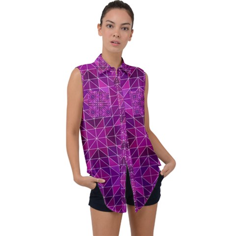 Purple Triangle Pattern Sleeveless Chiffon Button Shirt by Alisyart