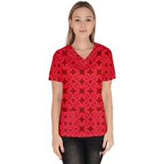 Red Magenta Wallpaper Seamless Pattern Women s V-neck Scrub Top