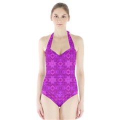 Magenta Mosaic Pattern Triangle Halter Swimsuit by Pakrebo