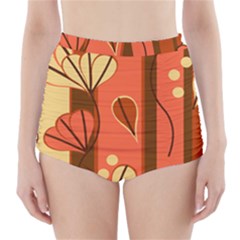 Amber Yellow Stripes Leaves Floral High-waisted Bikini Bottoms