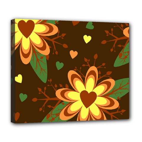 Floral Hearts Brown Green Retro Deluxe Canvas 24  X 20  (stretched)