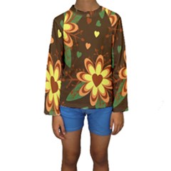 Floral Hearts Brown Green Retro Kids  Long Sleeve Swimwear by Pakrebo