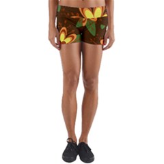 Floral Hearts Brown Green Retro Yoga Shorts