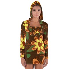 Floral Hearts Brown Green Retro Long Sleeve Hooded T-shirt