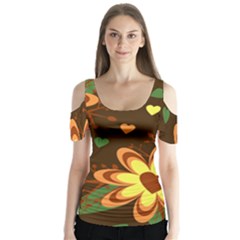 Floral Hearts Brown Green Retro Butterfly Sleeve Cutout Tee 