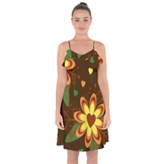 Floral Hearts Brown Green Retro Ruffle Detail Chiffon Dress