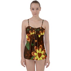 Floral Hearts Brown Green Retro Babydoll Tankini Set by Pakrebo