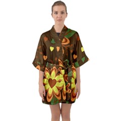 Floral Hearts Brown Green Retro Quarter Sleeve Kimono Robe