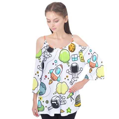 Sketch Cartoon Space Set Flutter Tees by Pakrebo