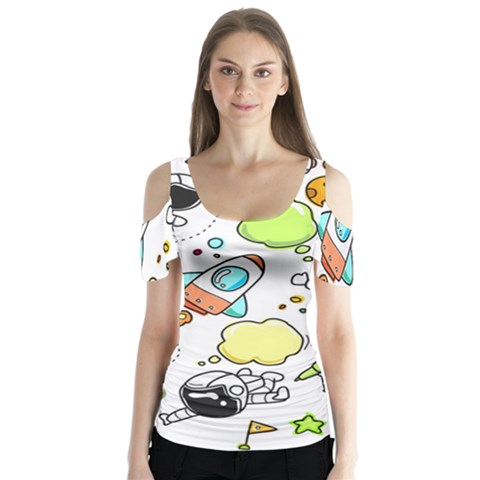 Sketch Cartoon Space Set Butterfly Sleeve Cutout Tee  by Pakrebo