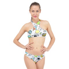 Sketch Cartoon Space Set High Neck Bikini Set by Pakrebo