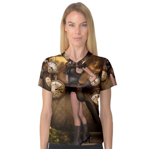 Wonderful Steampunk Lady V-neck Sport Mesh Tee by FantasyWorld7