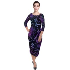 Retro Flower Pattern Fllower Quarter Sleeve Midi Velour Bodycon Dress