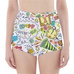 Doodle New Year Party Celebration High-waisted Bikini Bottoms