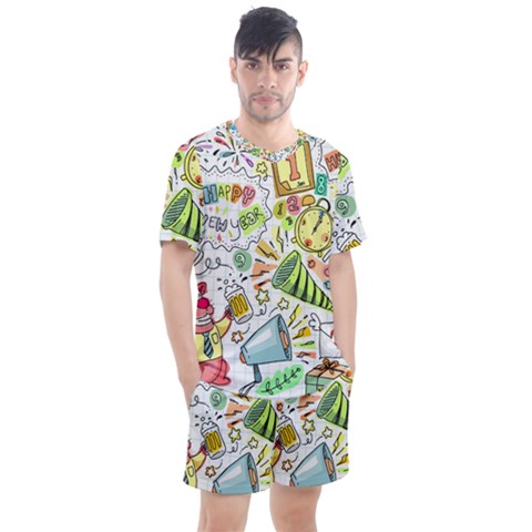 Doodle New Year Party Celebration Men s Mesh Tee And Shorts Set by Pakrebo