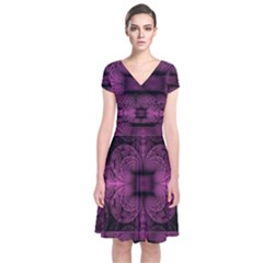 Fractal Magenta Pattern Geometry Short Sleeve Front Wrap Dress