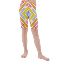Line Pattern Cross Print Repeat Kids  Mid Length Swim Shorts by Pakrebo