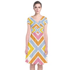 Line Pattern Cross Print Repeat Short Sleeve Front Wrap Dress